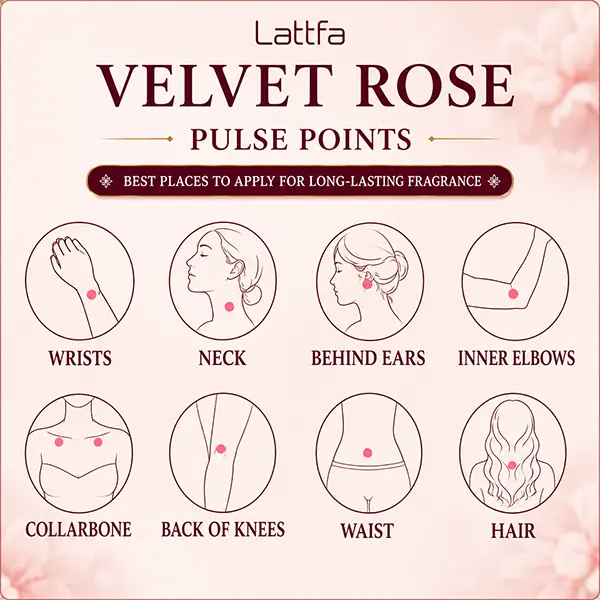 Visual guide showing the best pulse points to apply Lattafa Velvet Rose for a long-lasting fragrance trail.