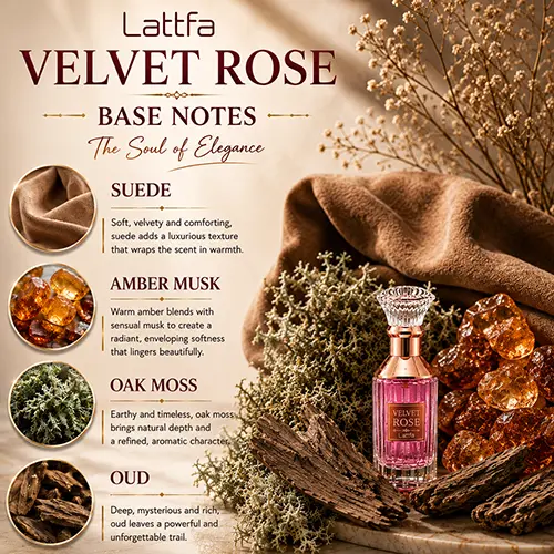 Base notes graphic for Lattafa Velvet Rose illustrating warm suede, amber musk, oak moss, and deep oud accords.