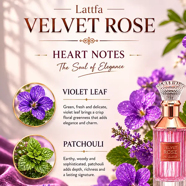 Heart notes breakdown of Lattafa Velvet Rose featuring crisp violet leaf and earthy patchouli accords.