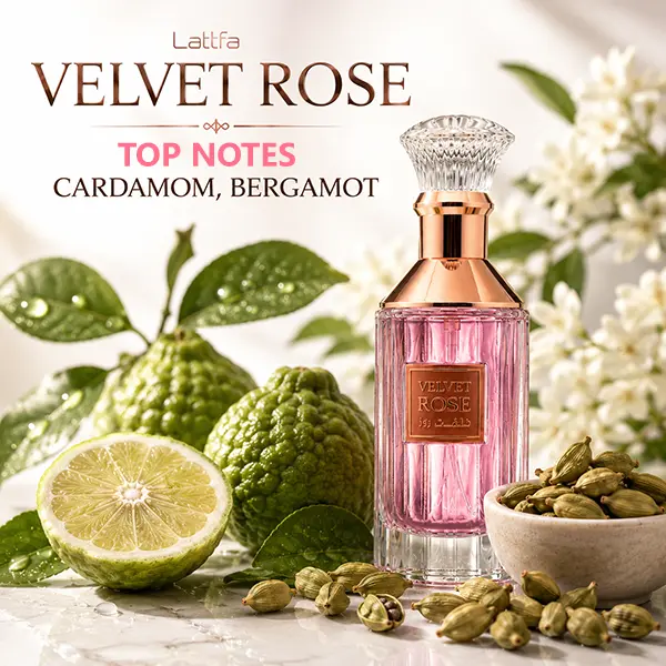Fragrance top notes composition of Lattafa Velvet Rose highlighting fresh bergamot and warm cardamom elements.
