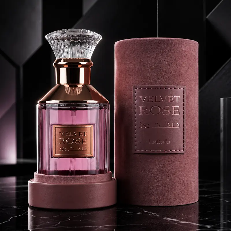 Front display of the elegant Lattafa Velvet Rose women's fragrance bottle paired with its luxury suede box.