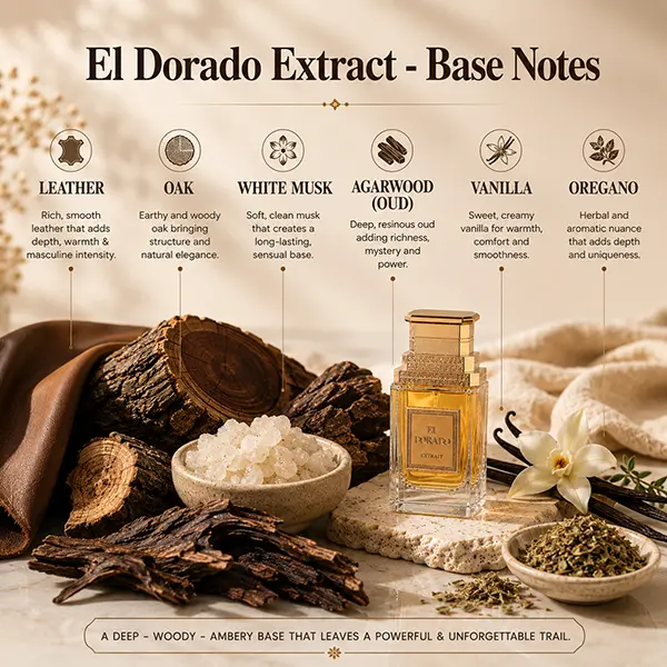 Deep woody base notes breakdown for El Dorado including rich leather, agarwood, vanilla, and white musk.