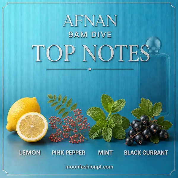 Lemon, pink pepper, mint and black currant arranged as Afnan 9AM Dive top notes.