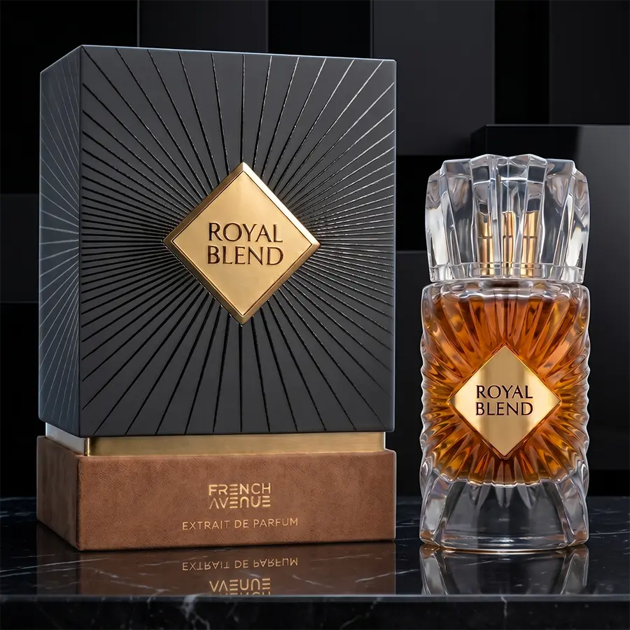 Elegant studio display of Royal Blend by French Avenue, a masterpiece of French perfumery and refinement.