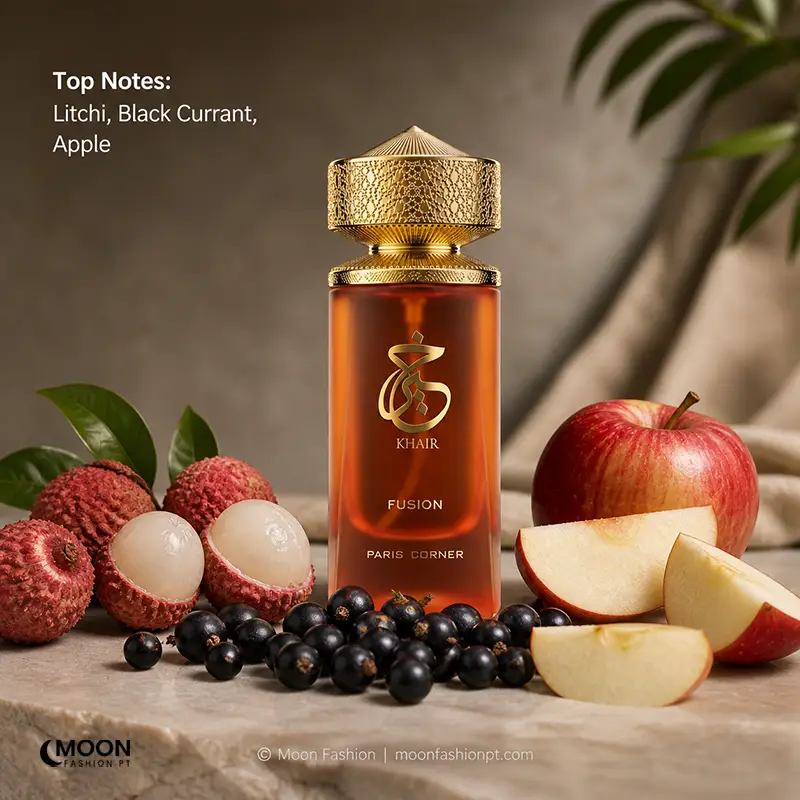 Vibrant top notes of fresh litchi and red apple define the fruity overture of Paris Corner Khair Fusion for women.
