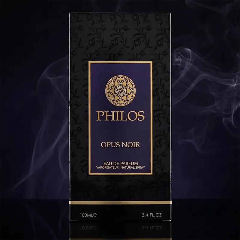 Original black and gold packaging for Philos Opus Noir Maison Alhambra EDP, authentic 3.4 oz unisex perfume box.