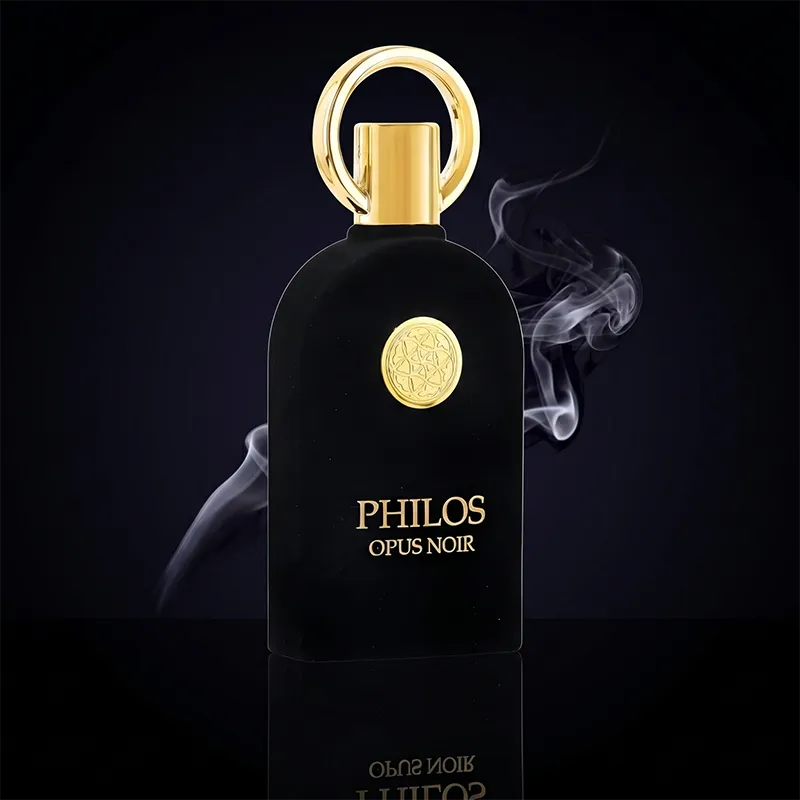 Luxury velvet-finish bottle of Philos Opus Noir by Maison Alhambra, a premium 100ml unisex Arabic fragrance.
