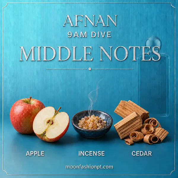 Apple, incense resin and cedarwood illustrate the middle notes of Afnan 9AM Dive.
