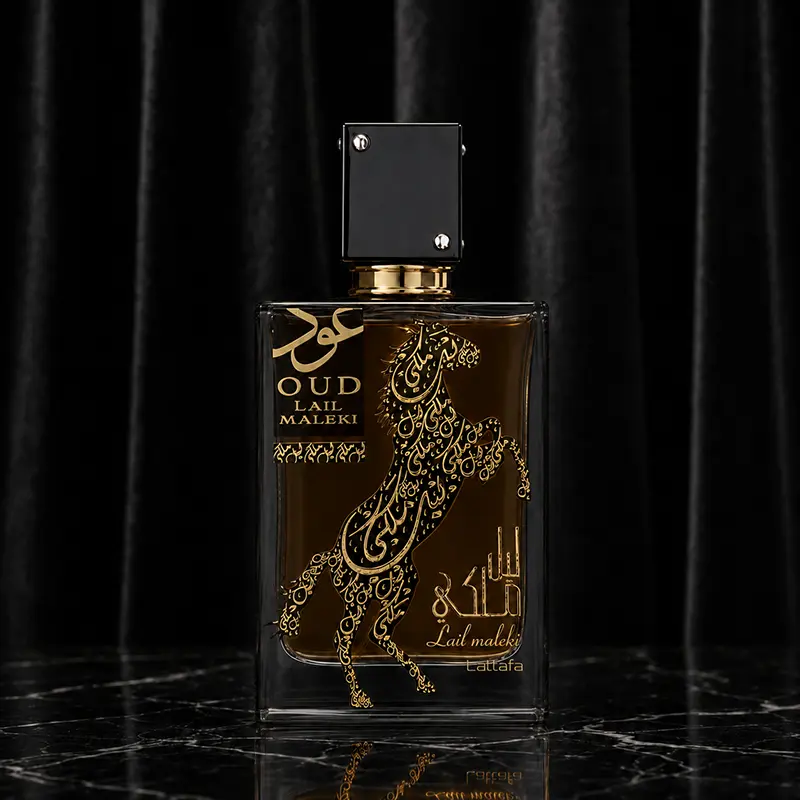 Main bottle shot; black cap, gold horse artwork, dark studio setup