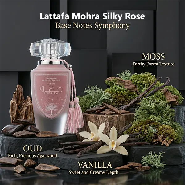 Fragrance notes breakdown for the base of Lattafa Mohra Silky Rose featuring rich oud, sweet vanilla, and earthy moss.