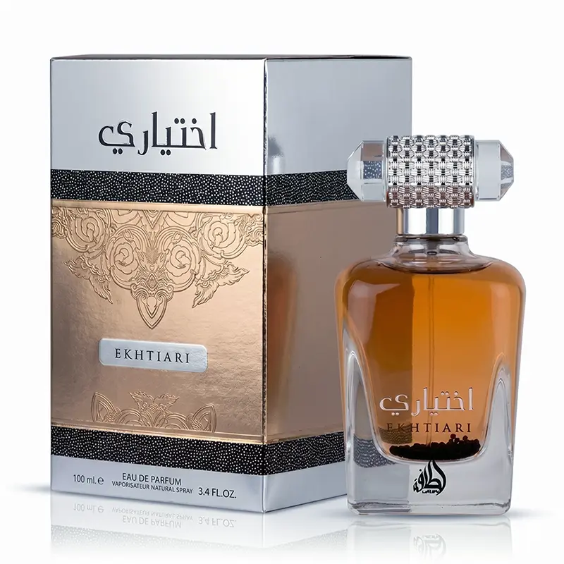 Premium luxury presentation of the Lattafa Ekhtiari perfume bottle highlighting its classic oriental design.