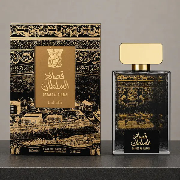 Front view of the authentic Lattafa Qasaed Al Sultan eau de parfum with its detailed golden packaging.