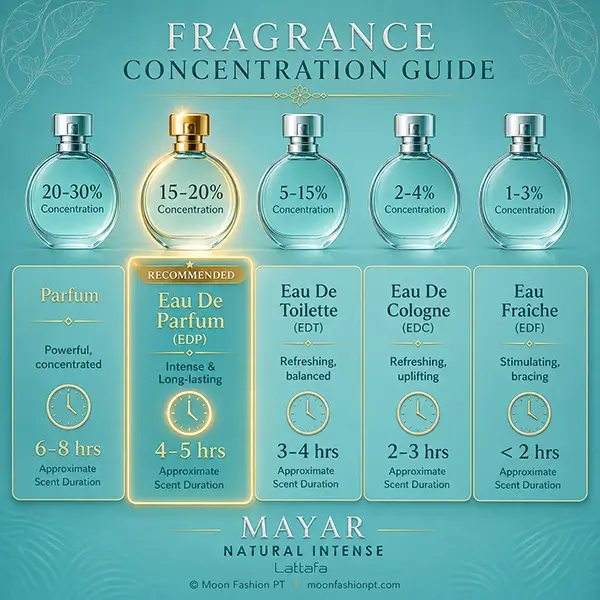 Comparison of Parfum, Eau de Parfum, Eau de Toilette, Eau de Cologne and Eau Fraîche concentrations