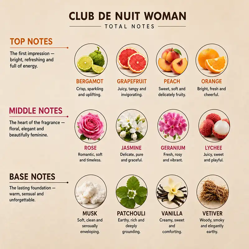 Complete fruity floral scent profile of Armaf Club De Nuit Woman with elegant layered accords.