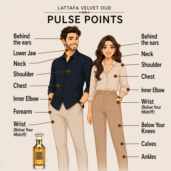 Premium application guide showing optimal pulse points for long-lasting unisex amber fragrance wear.