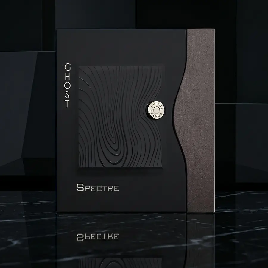 Black and bronze box of French Avenue Ghost Spectre Eau de Parfum for Men seeking an elegant gift.
