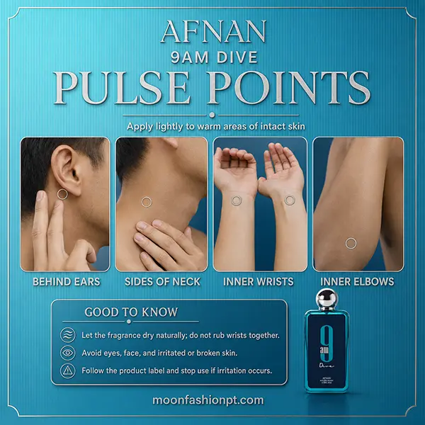 Pulse-point guide for Afnan 9AM Dive showing behind ears, neck, wrists and inner elbows.