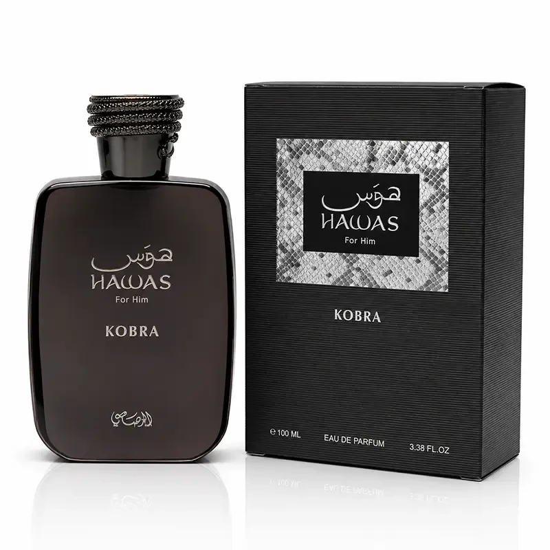 Hawas Kobra 100ml Eau de Parfum bottle beside its black presentation box on white.