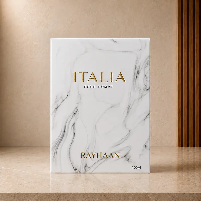 Upright Rayhaan Italia 100ml box with white marble-style design and gold front lettering.