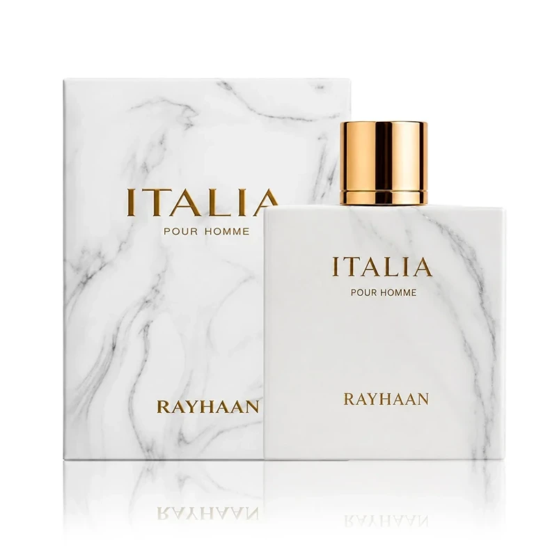 White Rayhaan Italia bottle and matching box shown together on a clean reflective background.