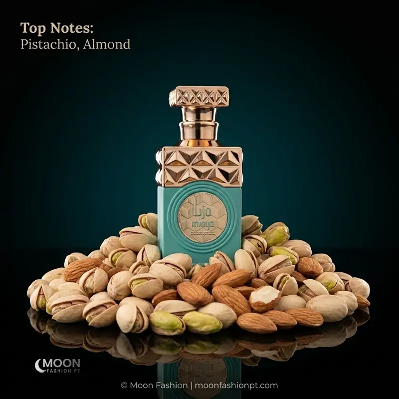 Nutty opening of Minya unisex perfume featuring top notes of rich pistachio and sweet almond.