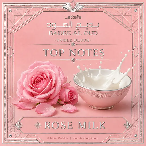 Lattafa Noble Blush official top notes infographic displaying fresh pink rose petals alongside a splashing bowl of milk.