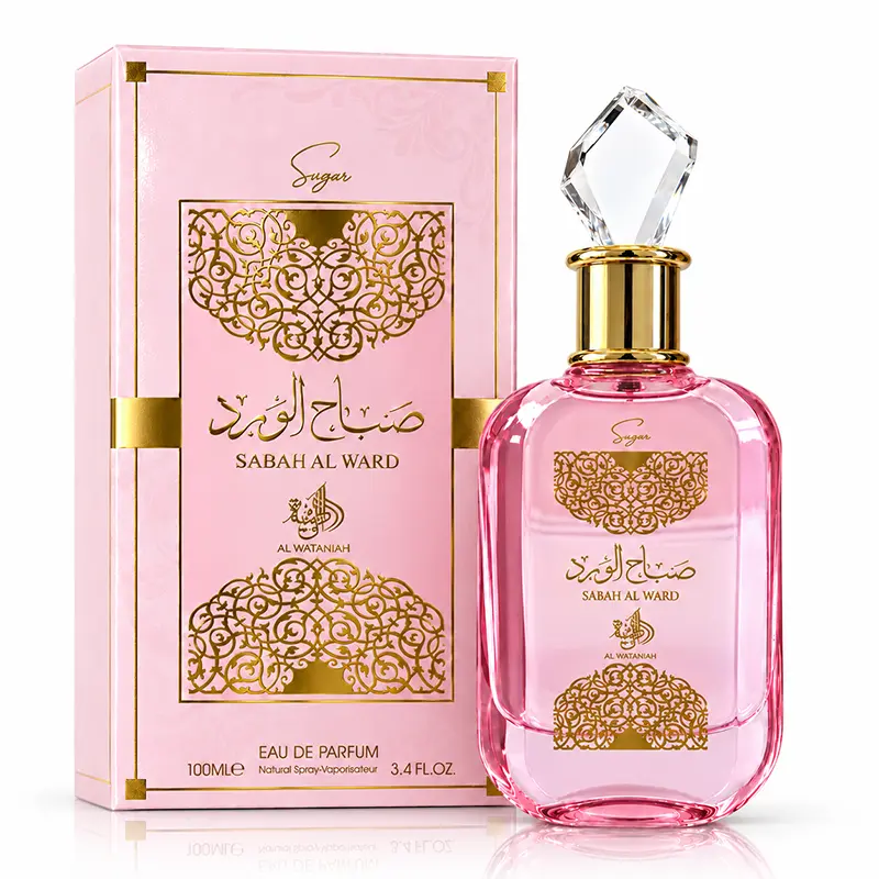 Hero scene featuring the Sabah Al Ward Sugar perfume bottle beside its pink box.
