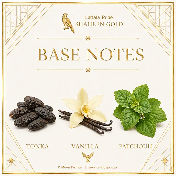Base notes graphic for Shaheen Gold showing tonka, vanilla and patchouli