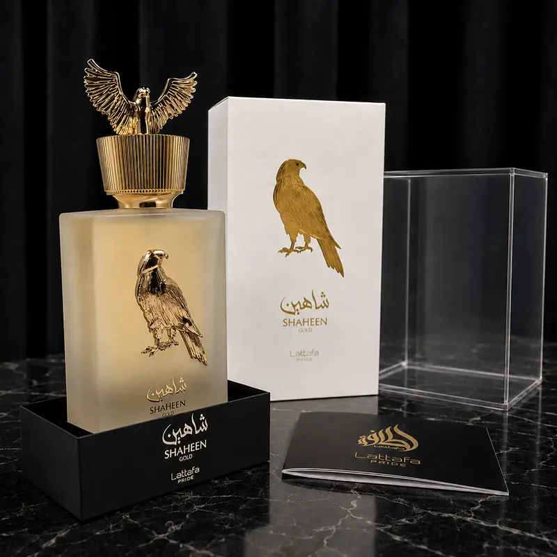 Shaheen Gold set with bottle, box, acrylic case and Lattafa Pride booklet