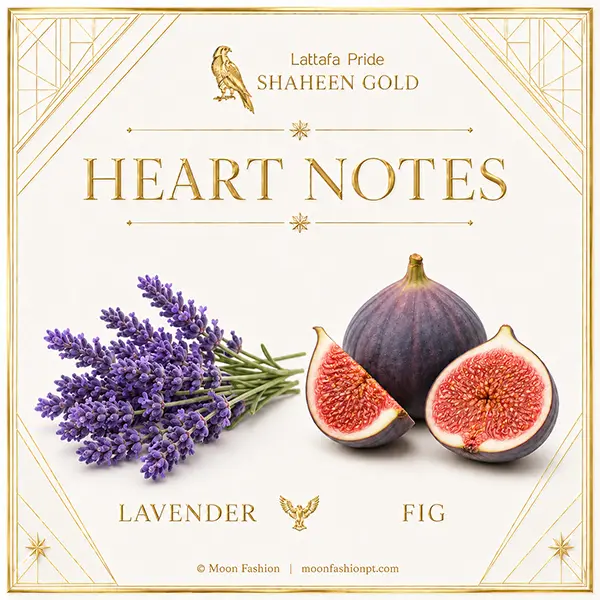 Heart notes card for Shaheen Gold with lavender and fig ingredients