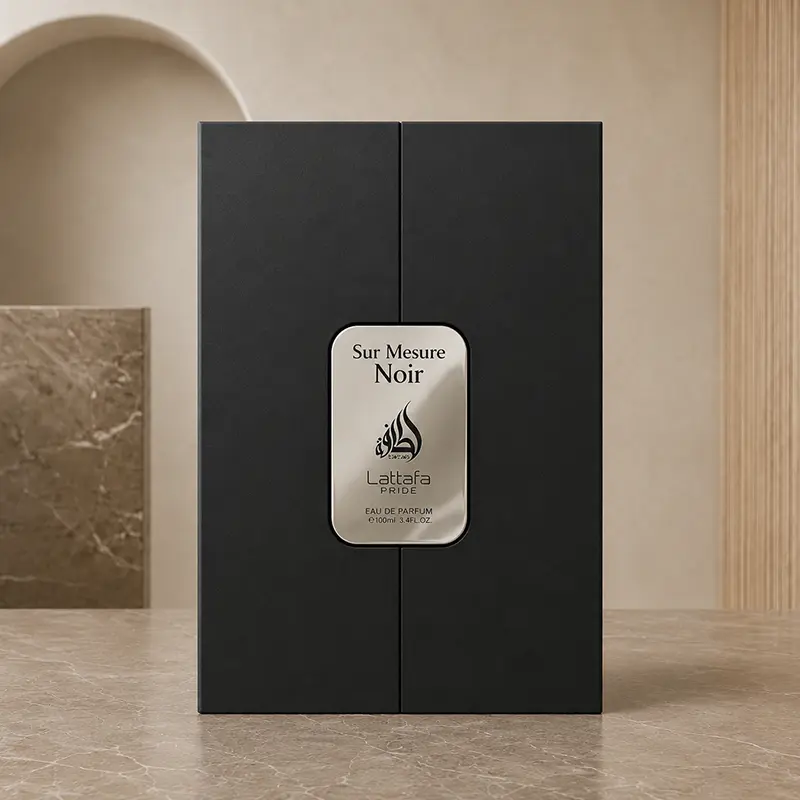 Closed black Sur Mesure Noir box with a centered silver Lattafa Pride label.