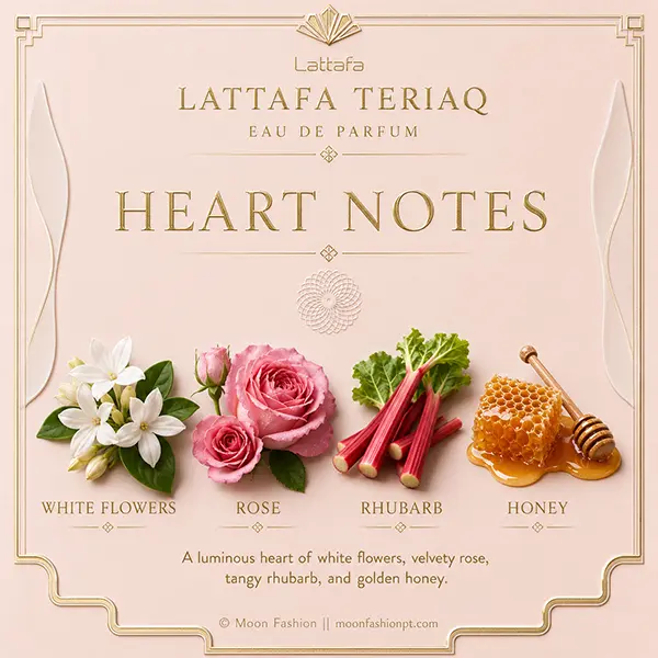 Heart note graphic for Teriaq with white flowers, rose, rhubarb and honey