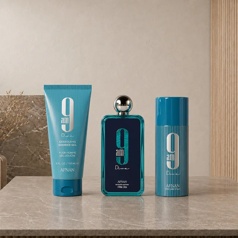 Shower gel, Eau de Parfum bottle and perfumed deodorant spray from the Afnan 9AM Dive gift set.