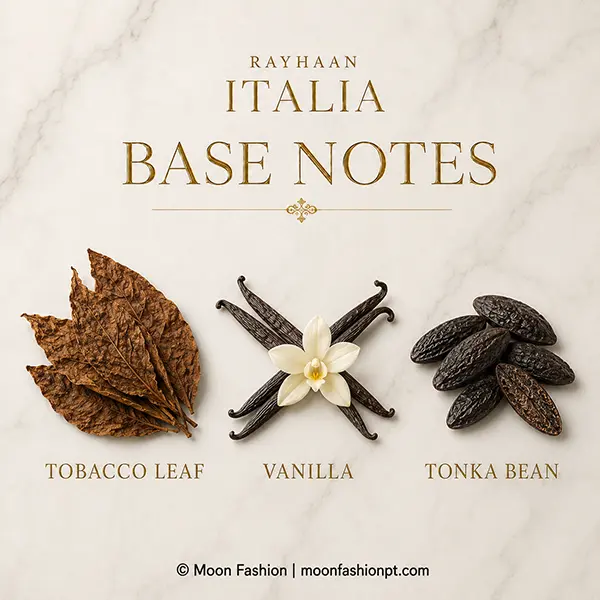 Base-note graphic for Rayhaan Italia showing tobacco leaf, vanilla and tonka bean.