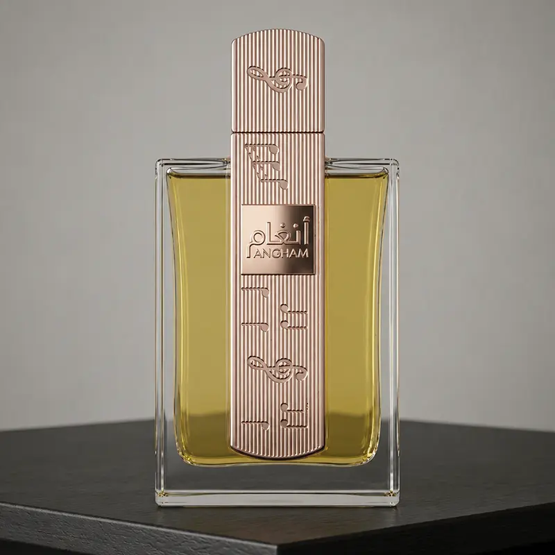 Elegant front view of the Lattafa Angham fragrance bottle tailored for premium European niche perfume collectors.