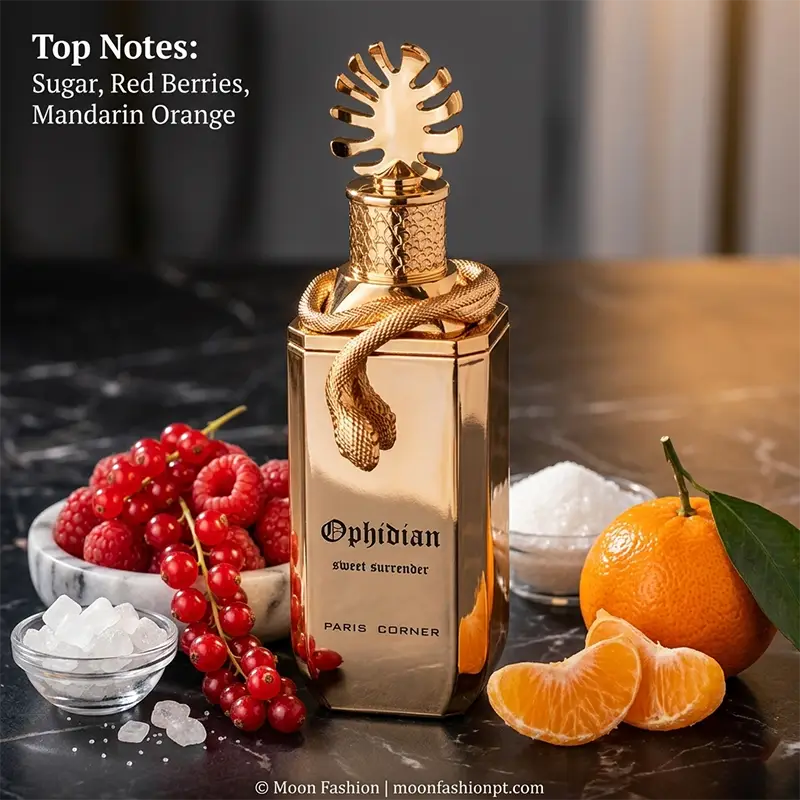 Fresh mandarin, red berries, and sugar crystals beautifully frame the golden bottle of this sweet unisex scent.