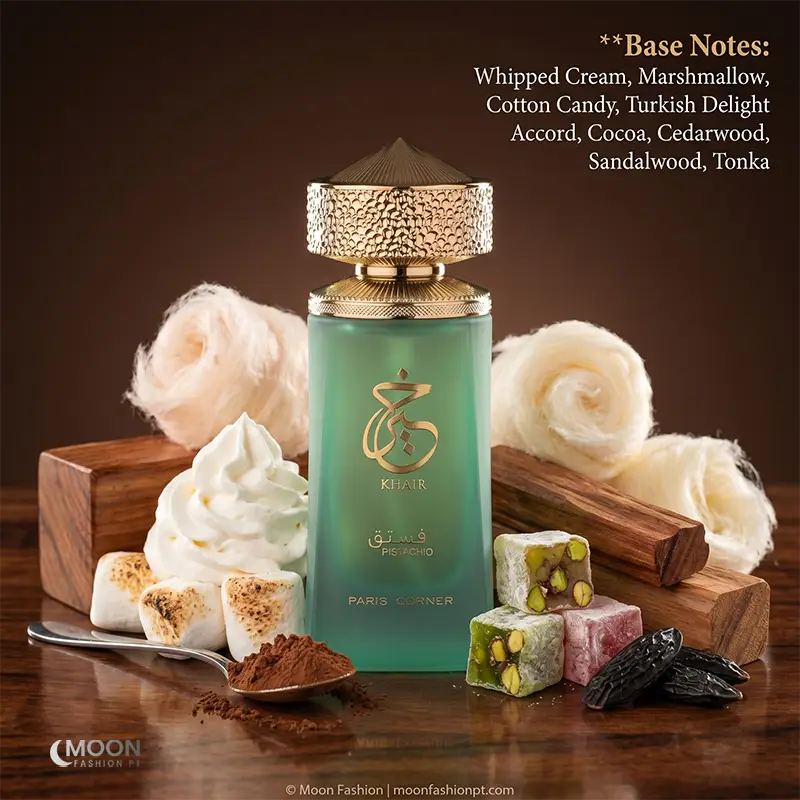 Unisex Khair Pistachio base notes with whipped cream and marshmallows for a sweet gourmand finish.