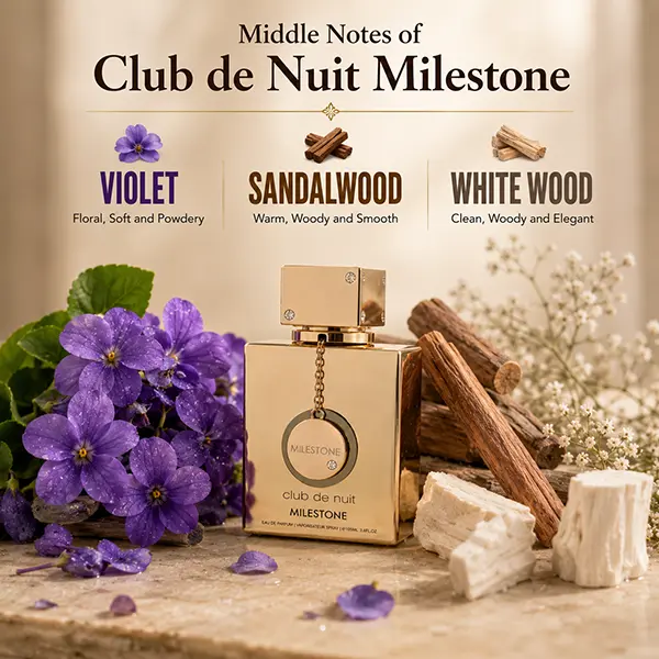 The violet heart of Armaf Club De Nuit Milestone creates an elegant and smooth trail.