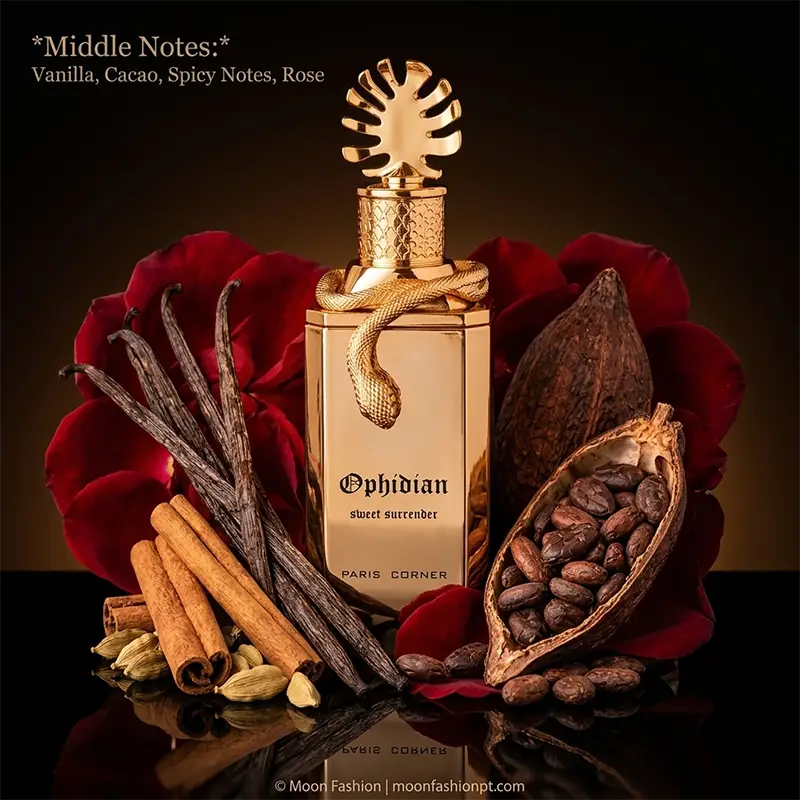 Rich vanilla, cacao, and red rose petals highlight the warm and spicy heart of this irresistible unisex fragrance.