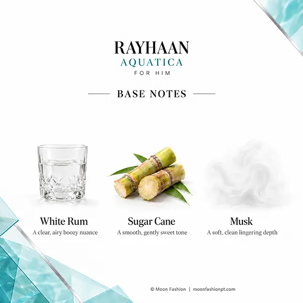 Rayhaan Aquatica base notes: White Rum, Sugar Cane and Musk