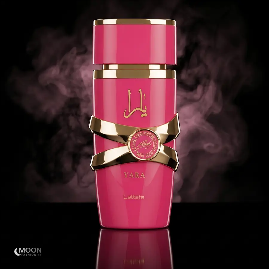 Lattafa Yara Candy for women in a vibrant pink bottle featuring gourmand strawberry fizz notes and gold detailing.